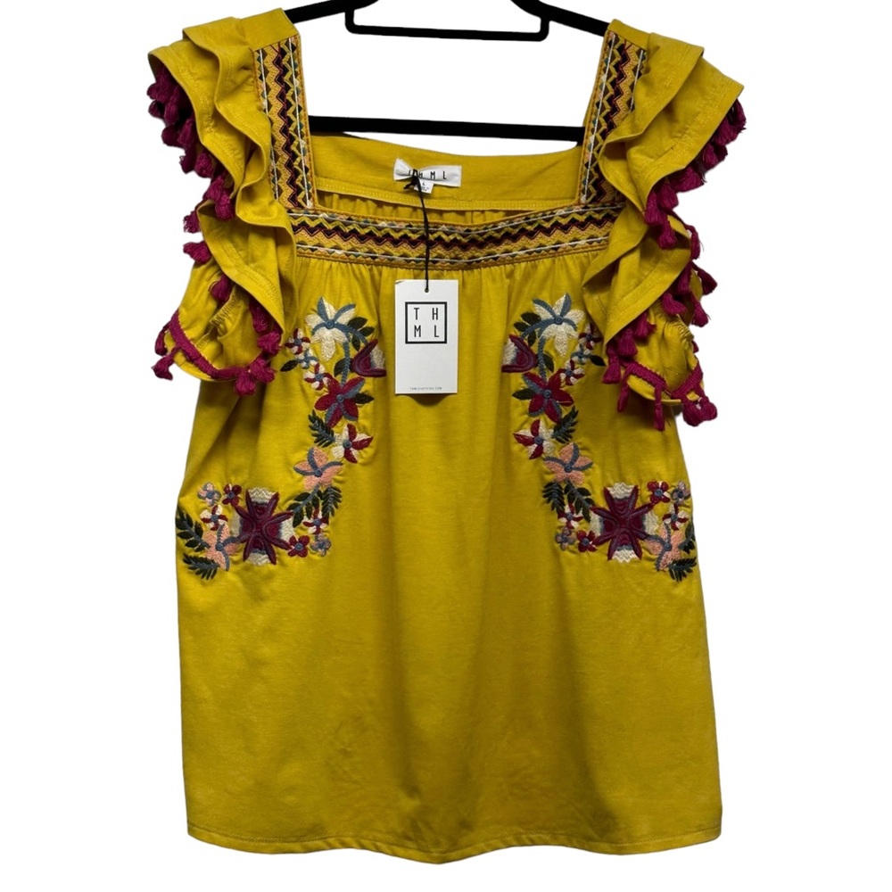 THML Western Boho Fiesta Embroidered Tunic Blouse Sz Large Sleeveless Tassel NWT
